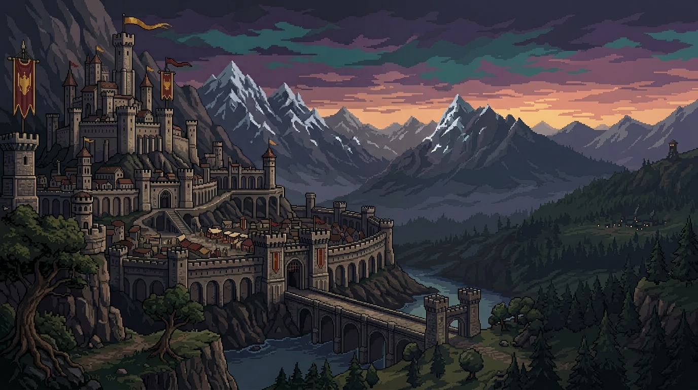 Escena pixel art de un imperio de roleplay gestionado con MOW